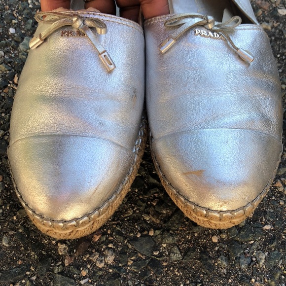 Prada Silver Leather Bow Detail Espadrilles Flats Size 40 EU - Picture 4 of 12